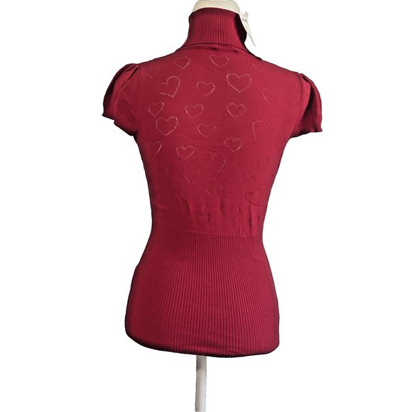 BEBE red ribbed Y2k Vtg Heart turtleneck with bebe Logo Rhinestone Shirt NEW L - Picture 12 of 15